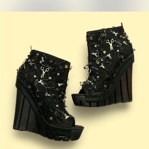 Designer Black Wedge Heels with amazing charm detailing. RARE